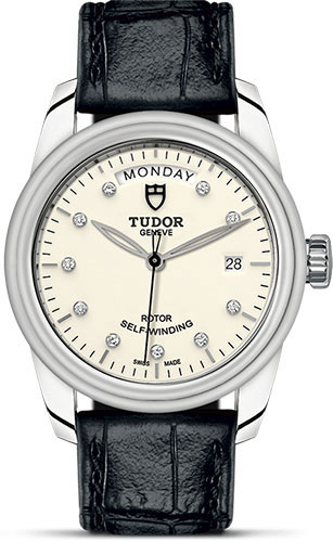 Tudor Glamour Date + Day Watch - 39 mm Steel Case - Diamond Dial - Leather Strap